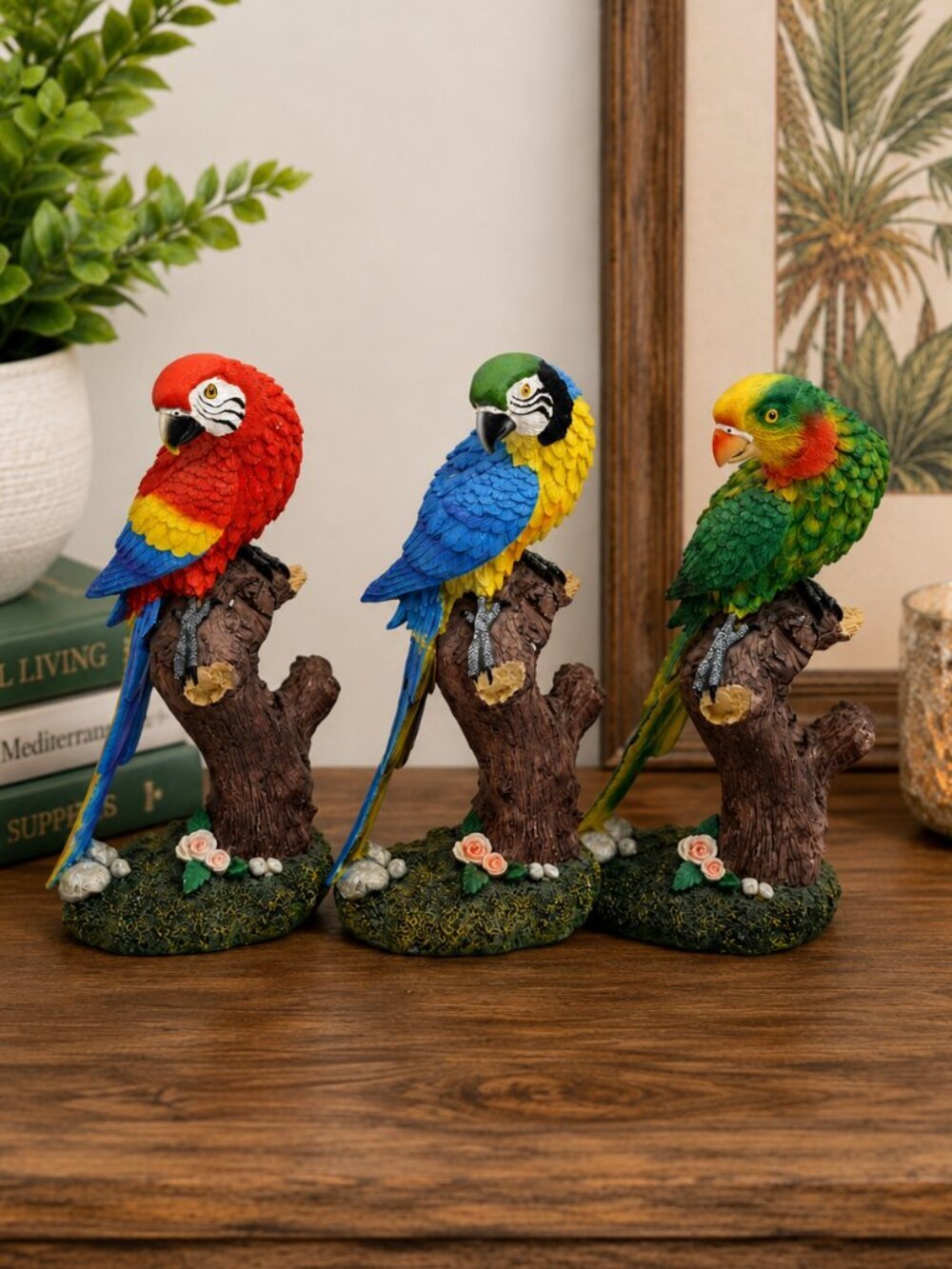 3 Colorful Tropical Parrot Bird Figurines Resin Macaw & Amazon Parrots 8.5" Tall